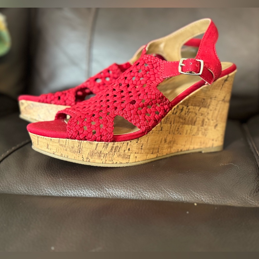 SO Red Woven wedge sandals worn once